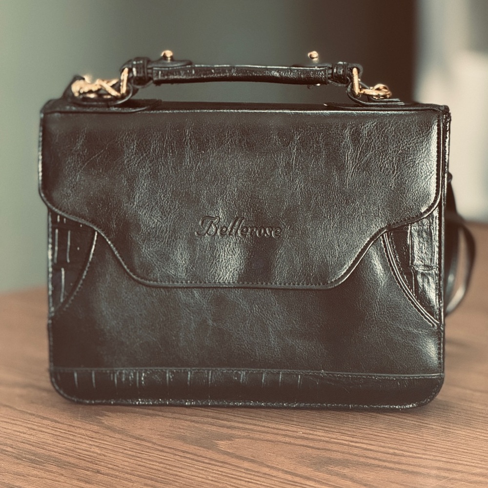 Vintage Bellerose Black Croc Embossed Leather Satchel Crossbody | Gold HW | EUC